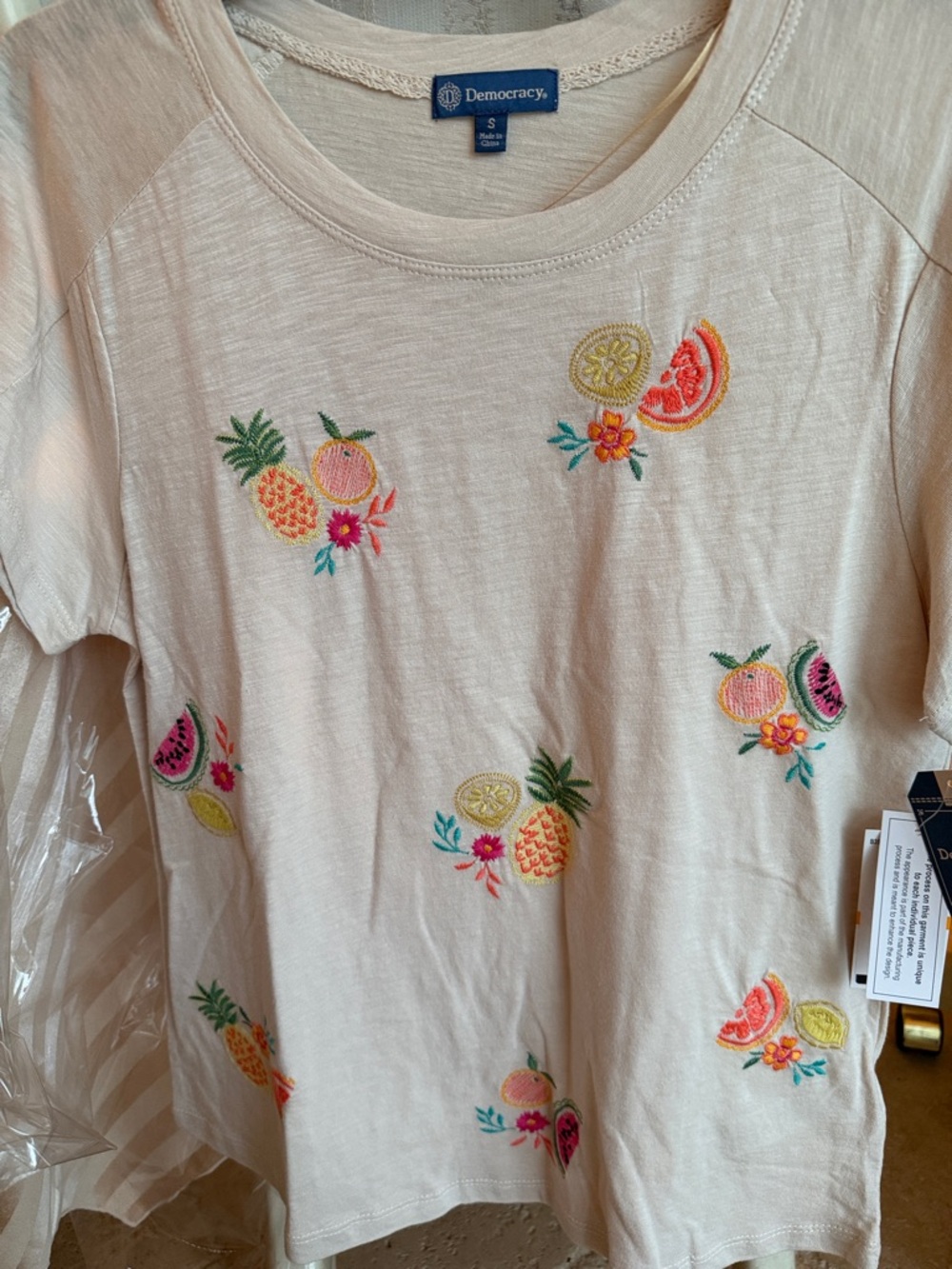 Democracy Cream Short-Sleeve Tee with Bright Fruit Embroidery